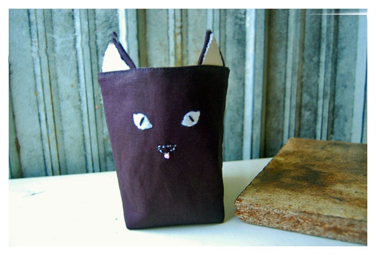 box Black Kitten Kitty Cat linen Box Bin Nubby Linen Organizer Storage Basket  Embroidery Handmade tagt team Gift Wrap