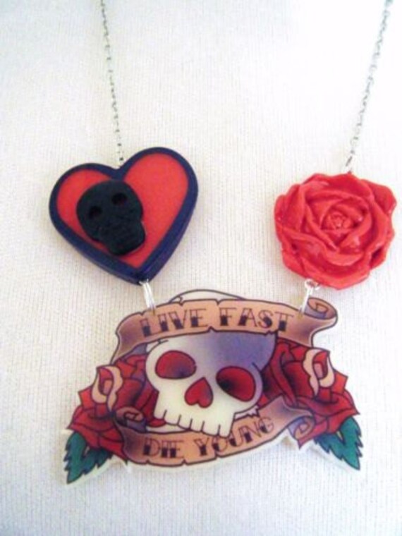 Tattoo Rockabilly Live Fast Die Young Heart Skull Anchor and Red Rose 
