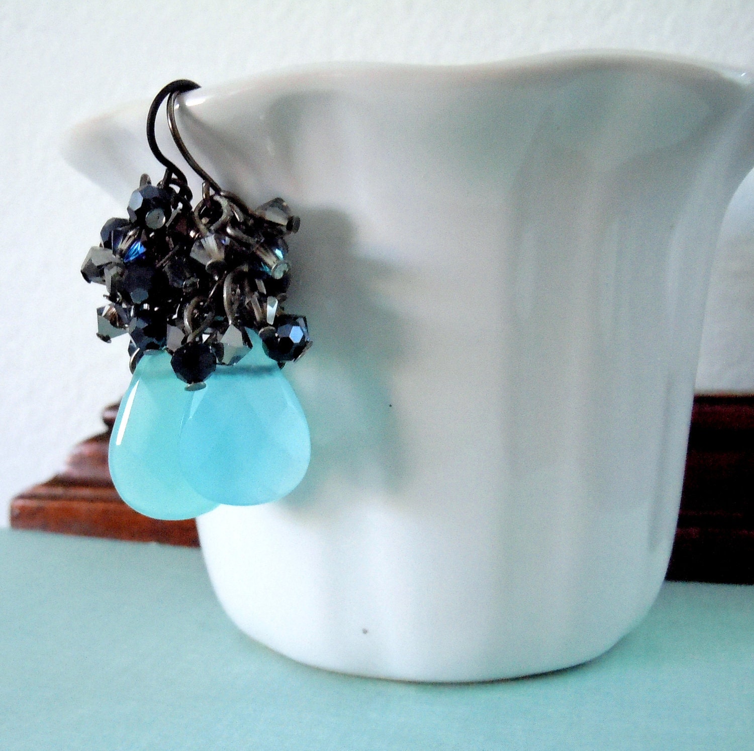 Aqua Briolette with Swarovski Clusters