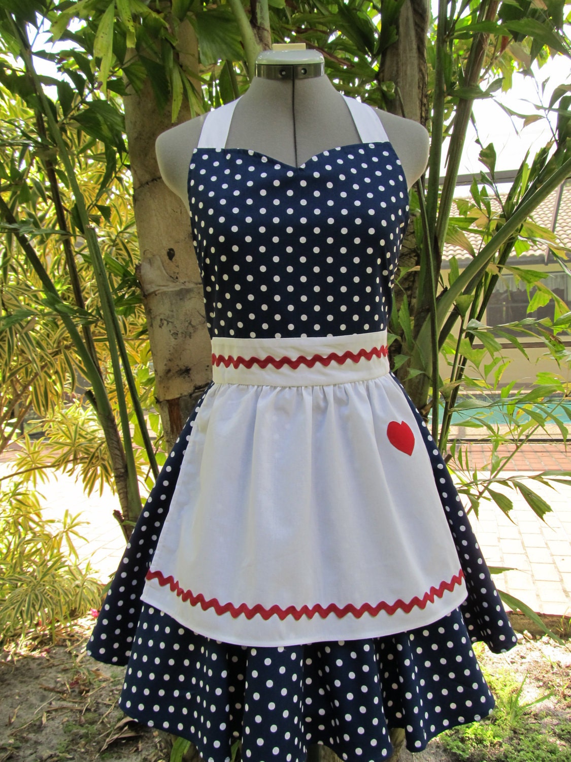 I Love Lucy  Apron.. Vintage Inspired Sweetheart Style with a handmade Heart..Navy Blue Fabric with white polka dots