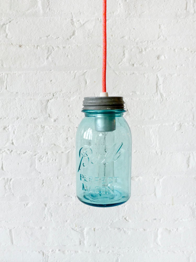 Vintage Mason Ball Jar Pendant w/ Neon Orange Pink Color Cord
