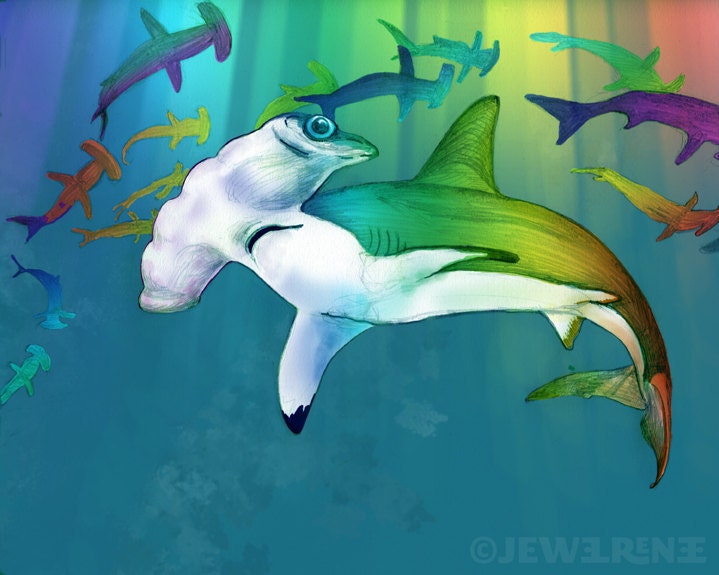 Shark Art Print - LISAFRANK MEETS JAWS - Rainbow Aquatic Art - watercolor inspired 8 x10" Print