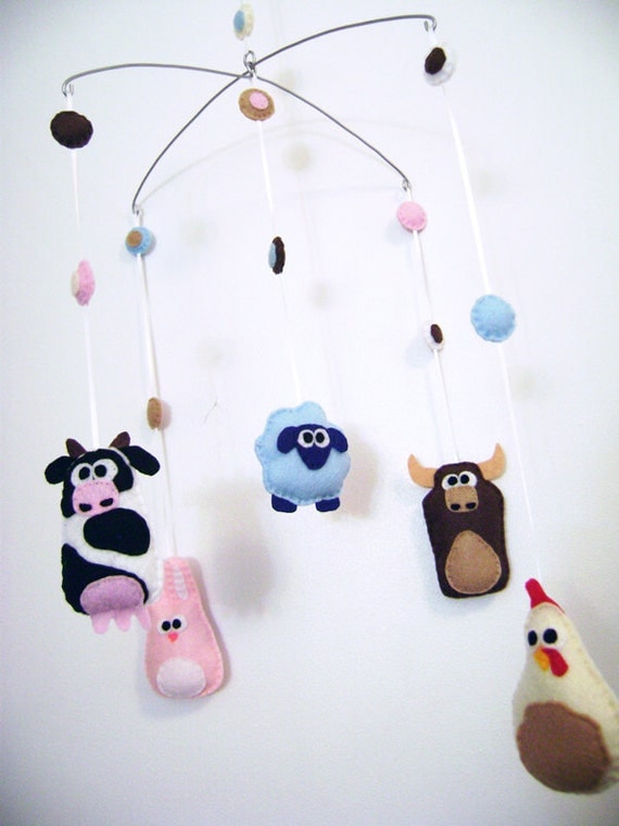 Felt Baby Mobile - Funny Farm - Made to Order - Home Decor Nursery - Chicken Cow Rabbit Sheep Bull