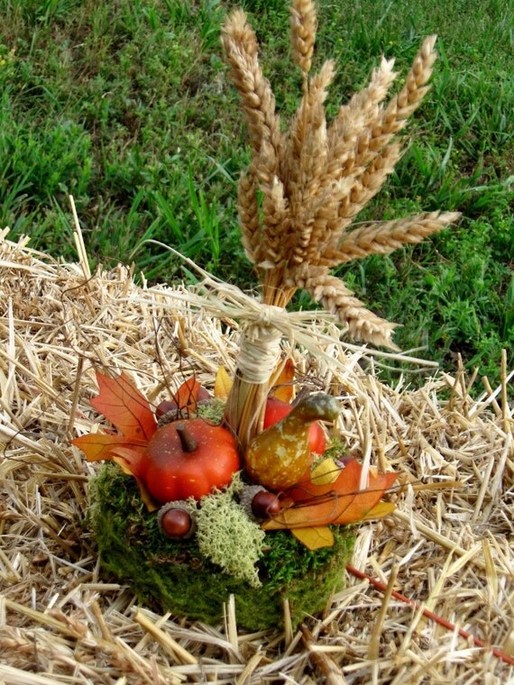 Unique Fall Autumn Pumpkin and Wheat Wedding Cake Topper