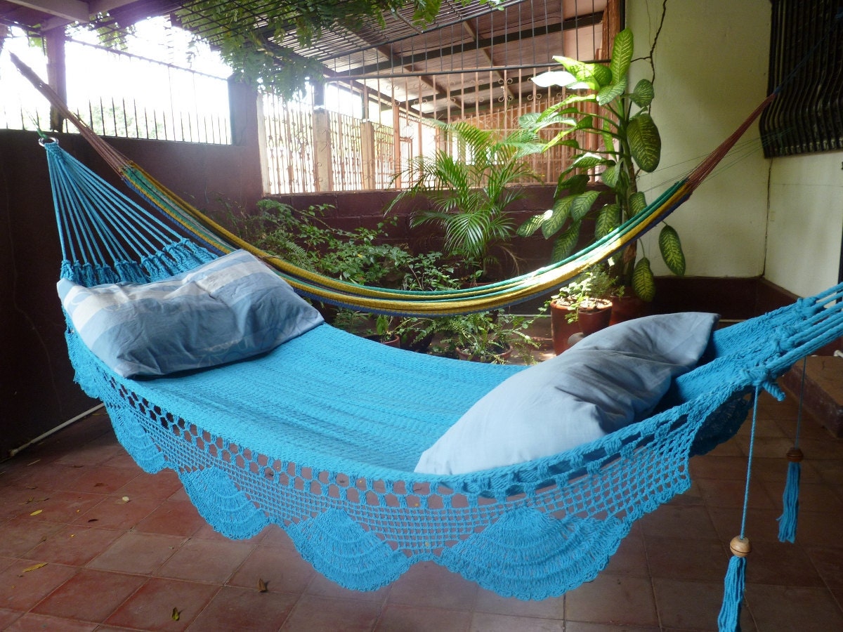 Turquoise hammock, Double Hammock hand-woven Natural Cotton Simple Fringe
