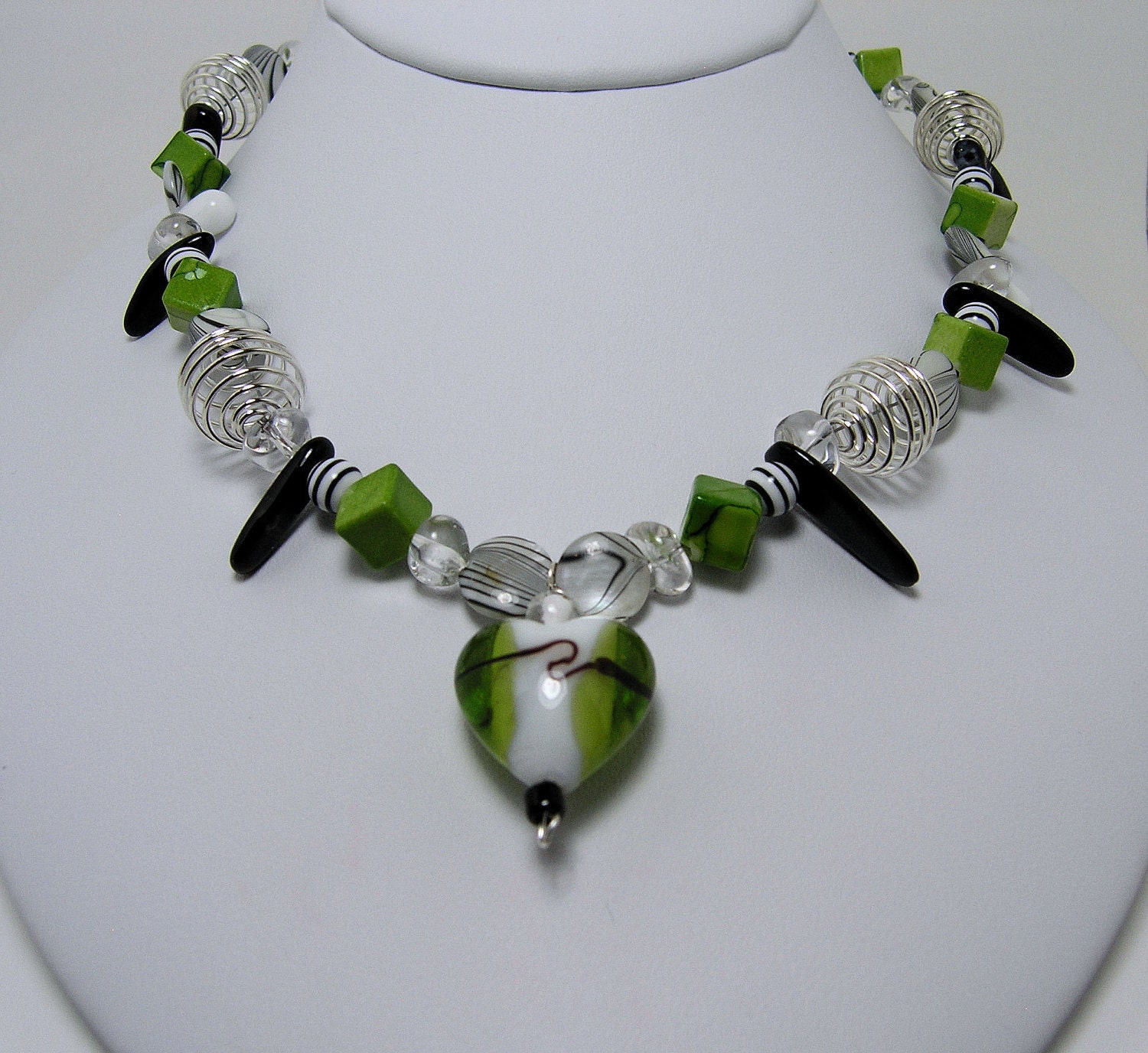 Green Apple Heart necklace with handblown green heart pendant, acrylic cube beads, sterling spirals