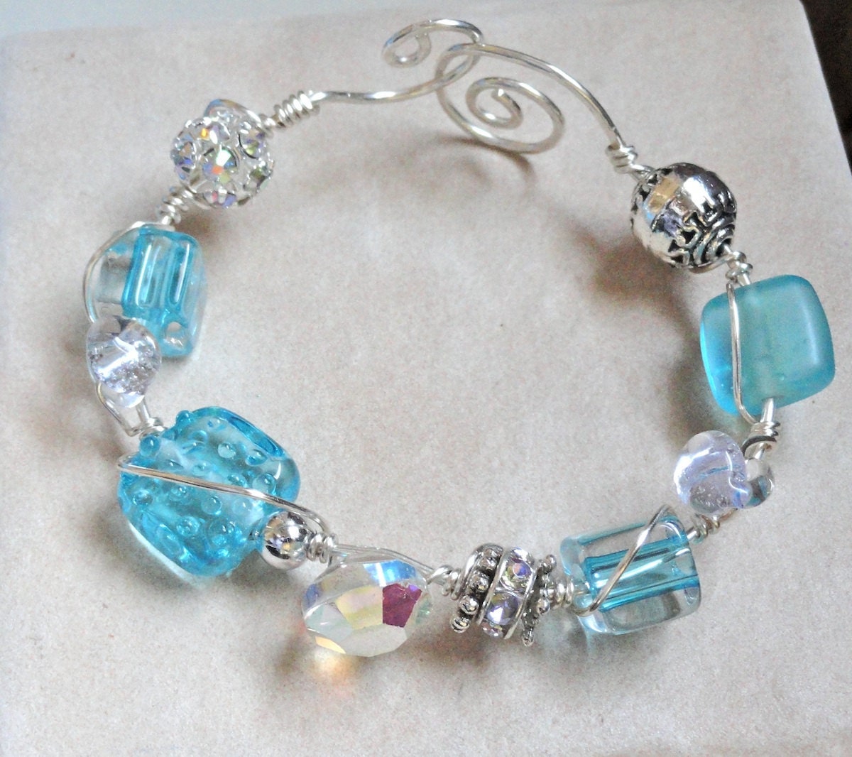 Iced Turquoise Cane and Lampwork Bead and Czech Crystal Sterling SIlver Bracelet