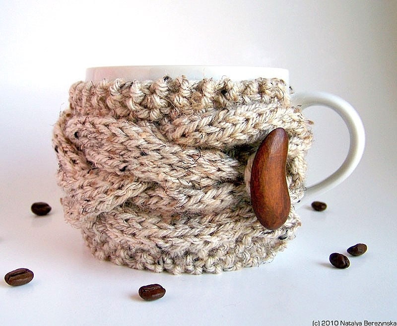 Knitted Cup Cozy, Knit Mug Cozy, Oatmeal Cup Cozy, Neutral Mug Cozy, Coffee Cozy Sleeve, Tea Cup Cozy - Acorn Wood Woodland Nature Men