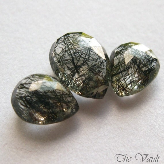 RESERVED   Tourmalinated Quartz faceted pear briolettes 12-16mm (1 pair, 1 focal)
