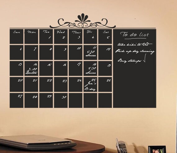 Chalkboard calendar Wall Decal Vinyl black board with scroll top