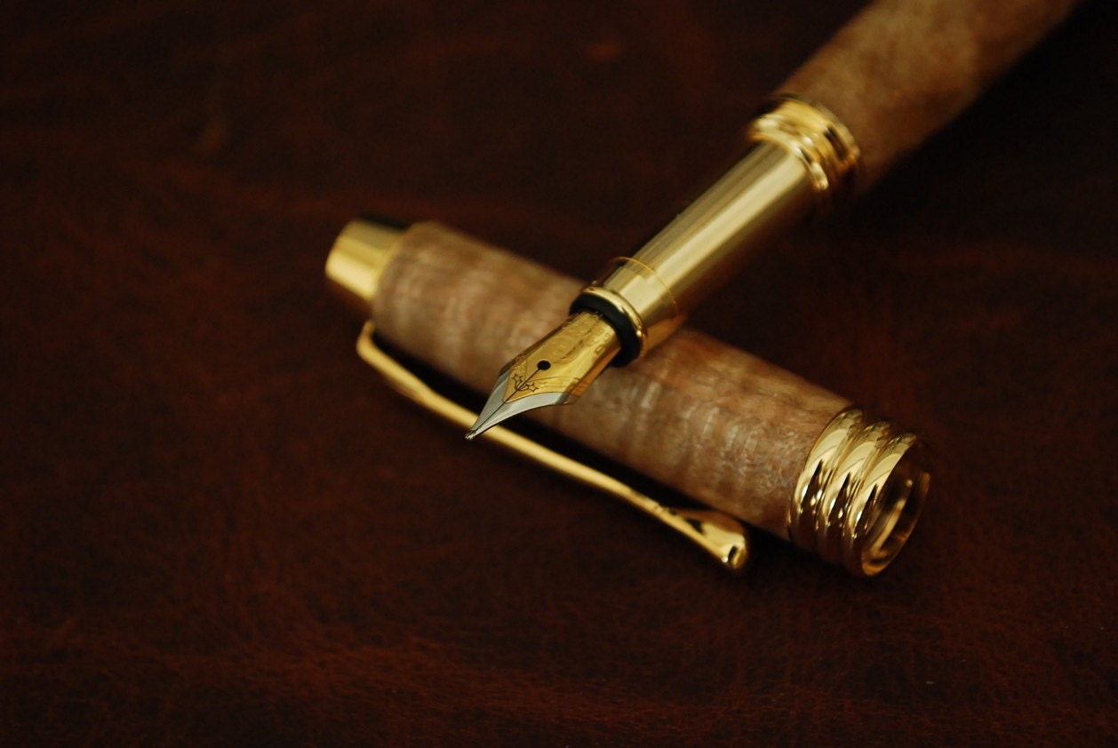Handmade Wooden Fountain Pen, Curly Maple Wood, 10k Gold, Chief Financial Officer, CFO-109
