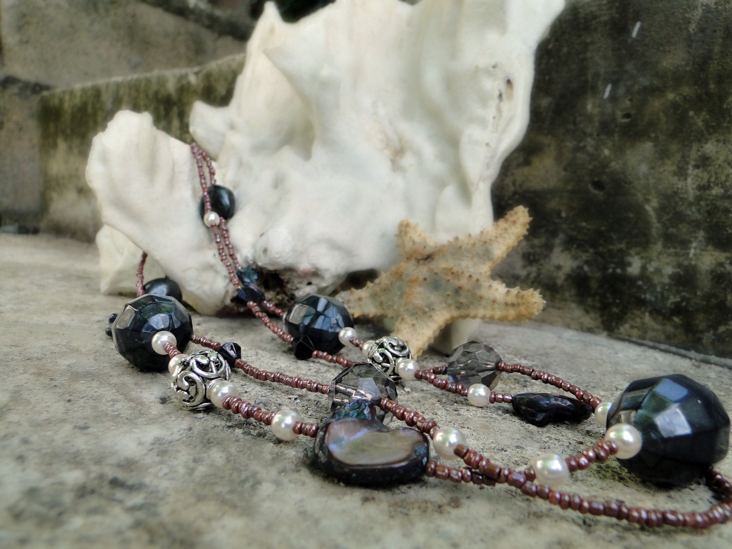 End Of Year Sale  Jamaican Black Mango - Charcoal Black and Deep Purple Beaded Multi Strand Necklace