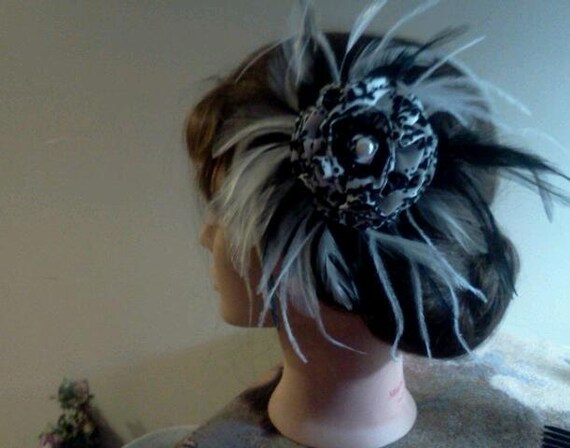 Wedding Fascinator Black Damask with Black and White Feathers