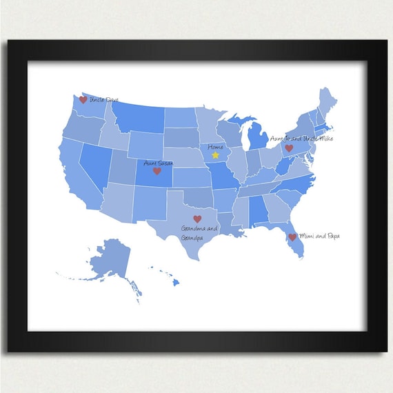 United States Map / Personalized Map in Blue - Family Is Where the Heart Is - 8x10 Art Print