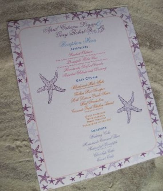 Starfish Wedding Menu for Beach Weddings Bridal Luncheons and Bridal Showers