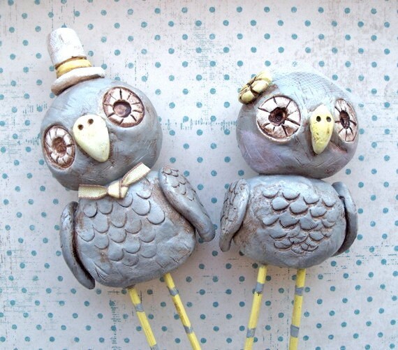 Grey Owls wedding cake topper From indigotwinweddings