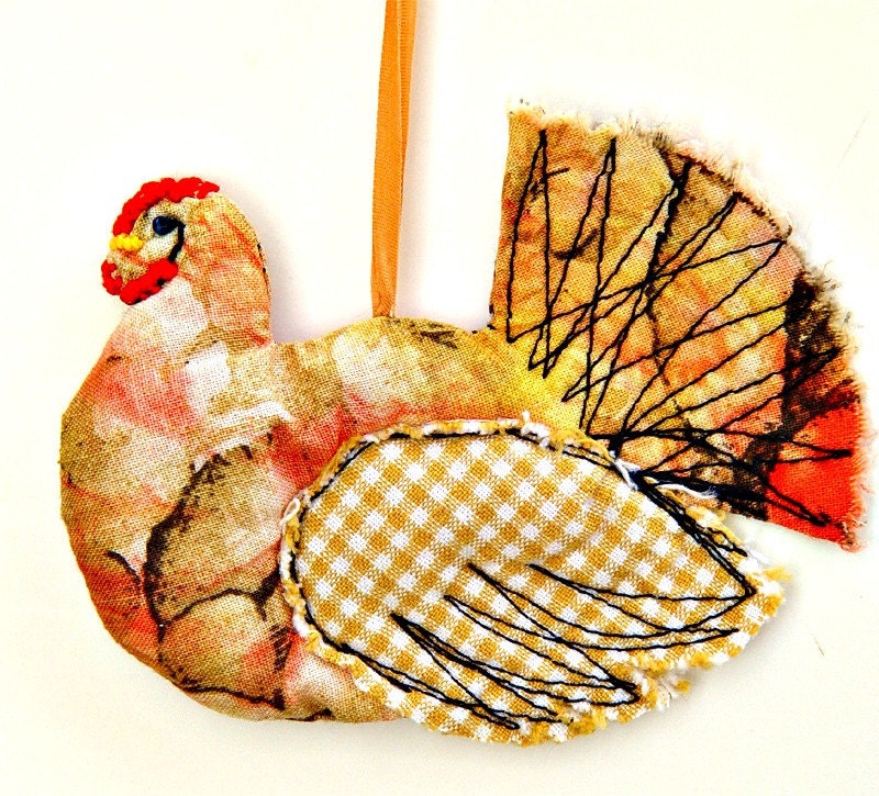Handmade textile hen ornament - autumn