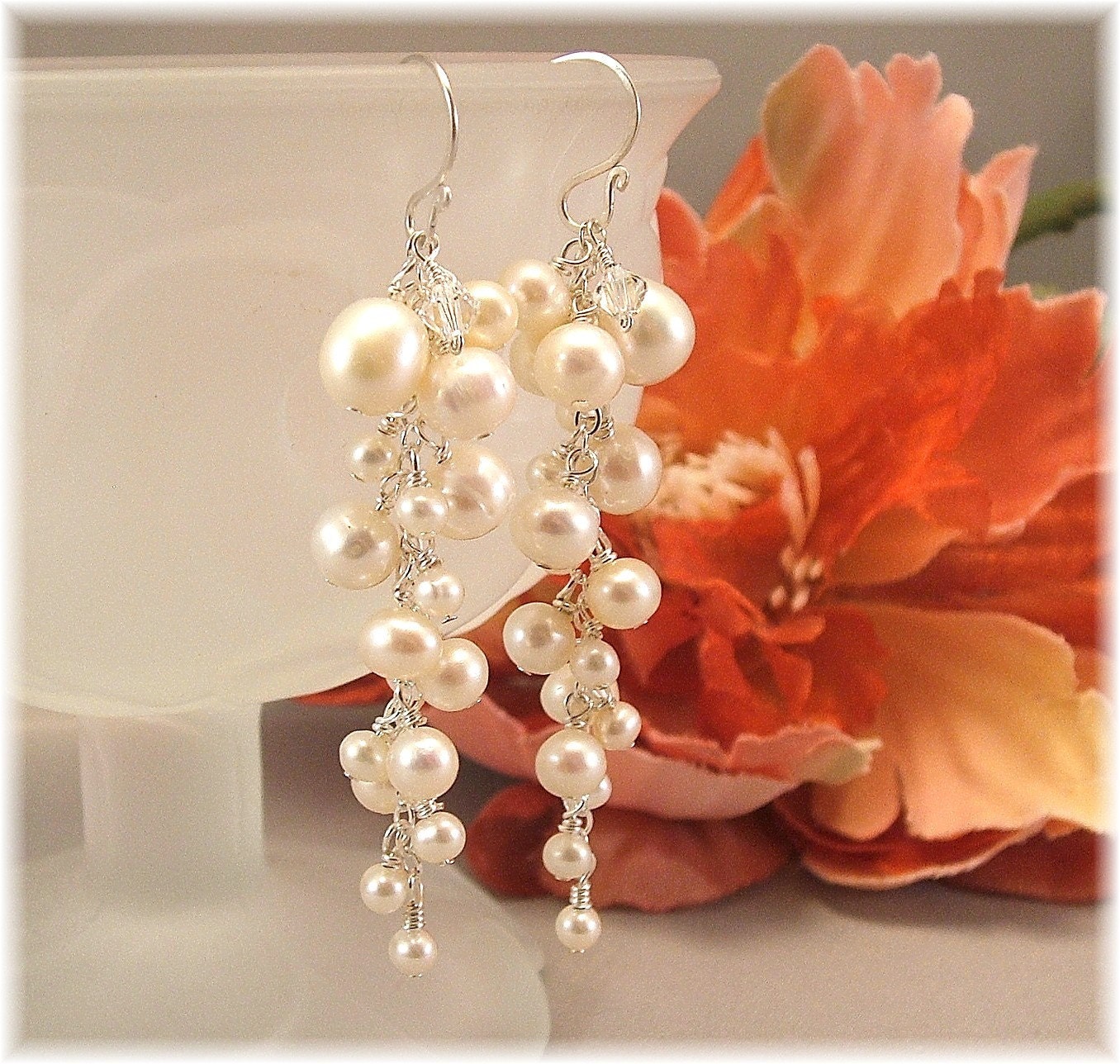 White Freshwater Pearl Wedding Earrings Long Pearl by Handwired pearl 