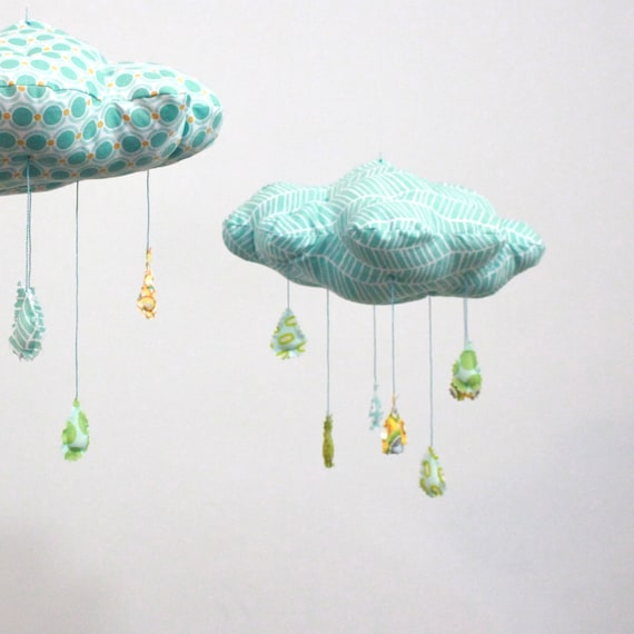 Cloud Mobile - Raindrops keep falling on my head in turquoise blue, yellow, teal, apple green, and white