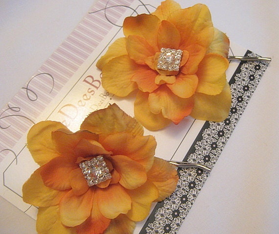 Crystal Dainty Rustic Yellow Flower Hair Pins Set of 2