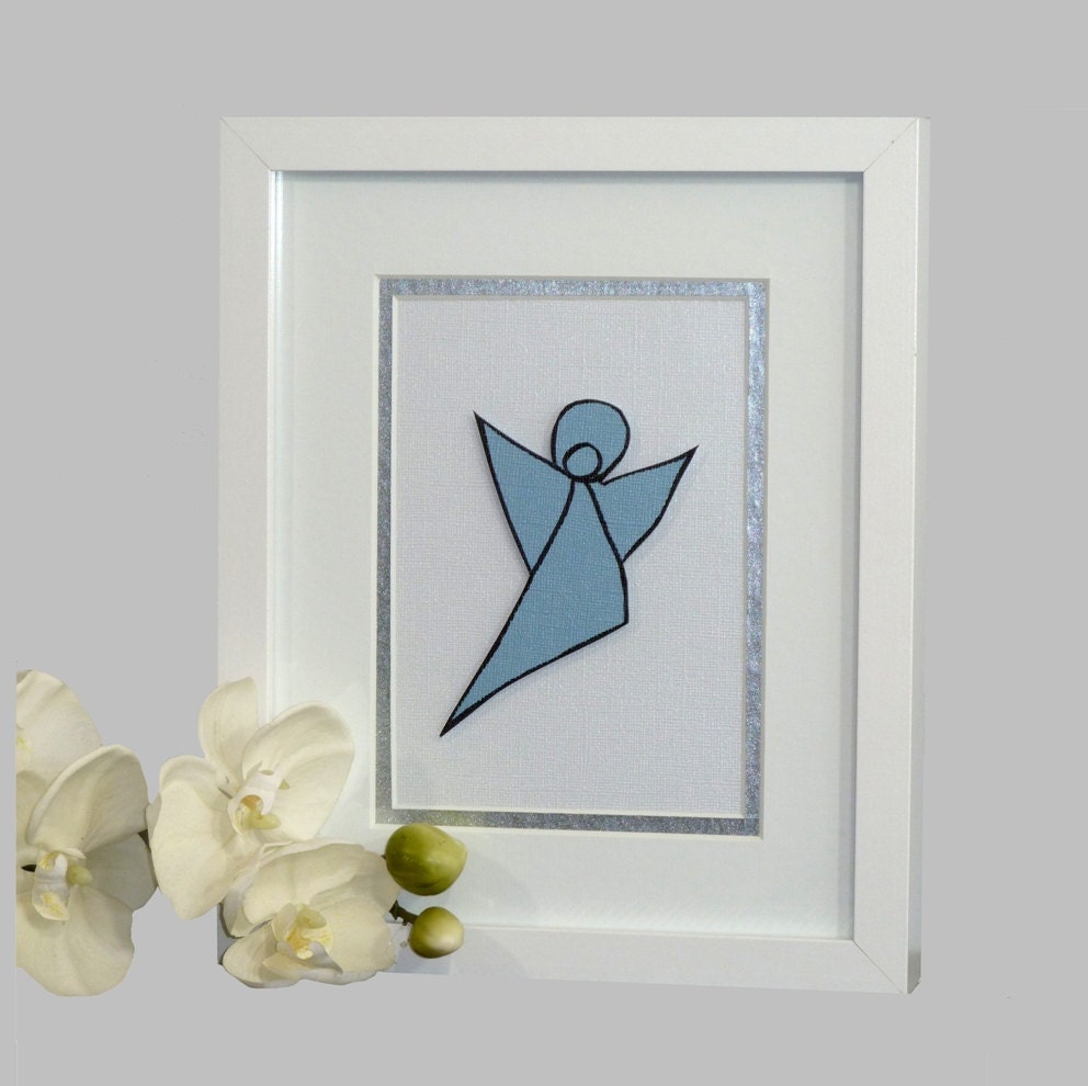 Framed Original Art, Blue and White Paper Angel, Matted