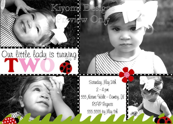 Little Ladybug Red, Pink, and Black...Any Age Custom Personalized Photo Collage Birthday Invitation -Digital File, DIY Printable File