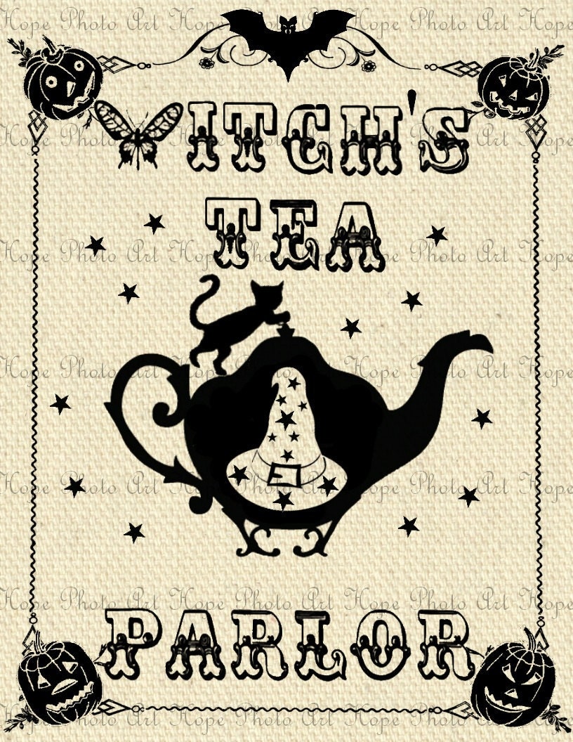 Witchs Tea Parlor Image Transfer - Burlap Feed Sacks Canvas Pillows Tea Towels greeting cards paper supplies- U Print JPG 300dpi