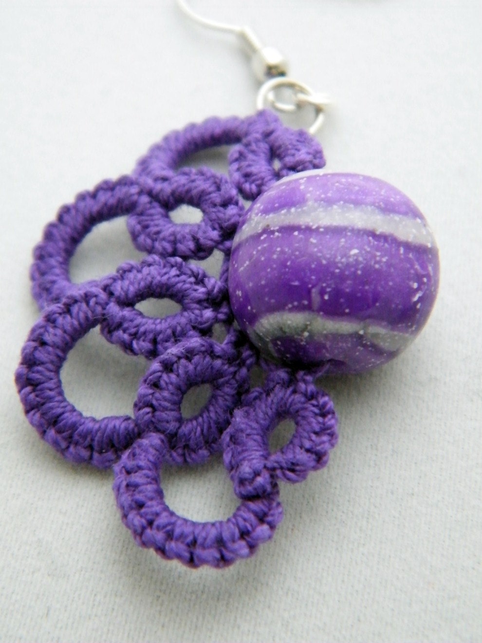 Tatted Earrings- Purple Striped Polymer Bead with Tatted Lace Edging