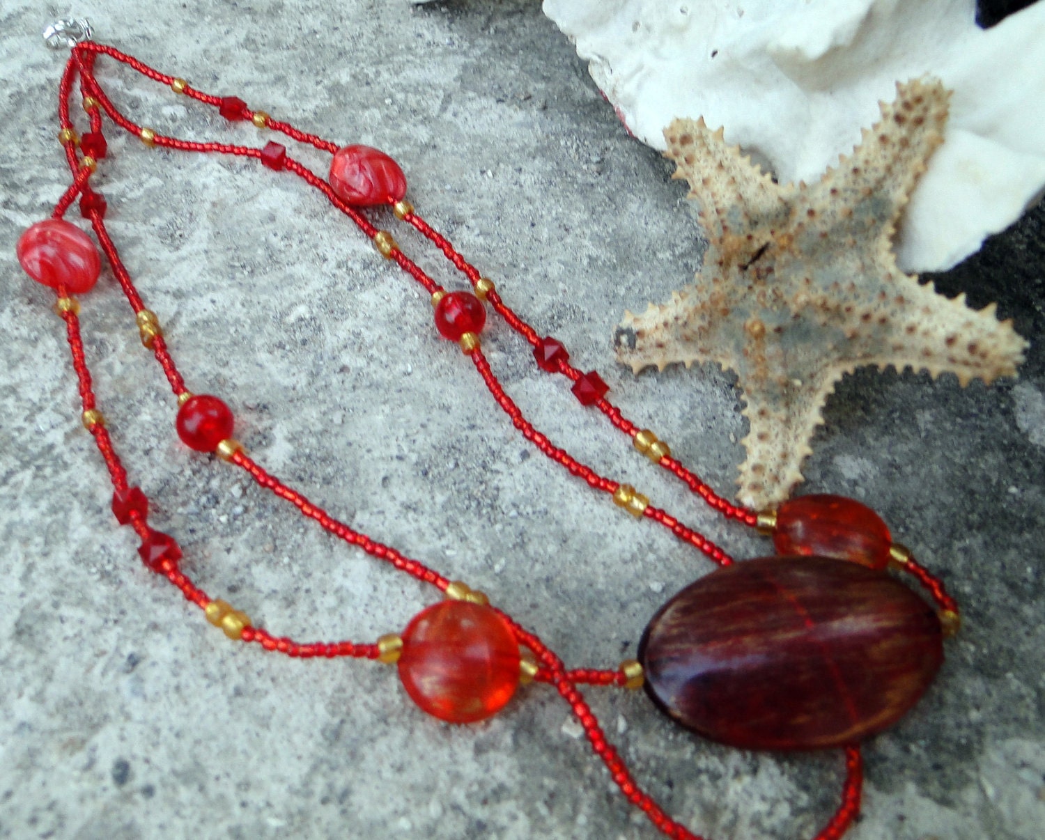 End of Year Sale  Jamaican Miss Hattie's Jam - Red and Gold Beaded Necklace