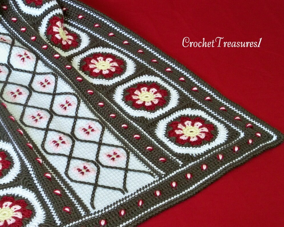 Evergreen Garden Afghan / new / handmade / unique / decorative / blanket / throw / flower / winter / green / white / red / pink / Christmas