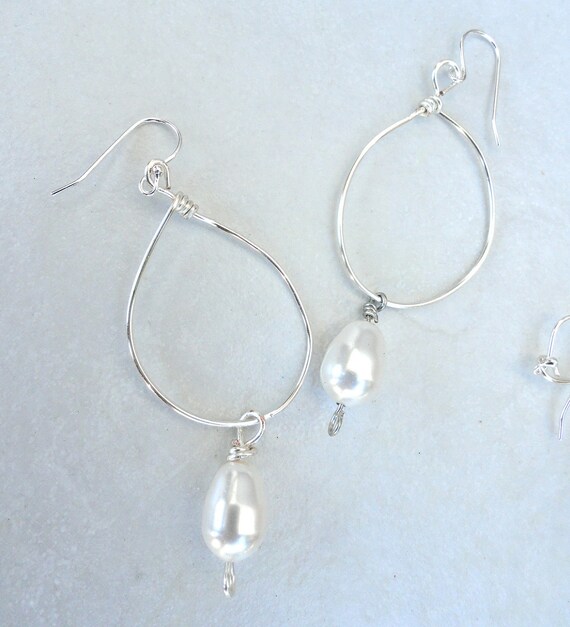 Pearly White Loopy Hoops Swarovski Pearl Earrings with Sterling Silver Ear Wires