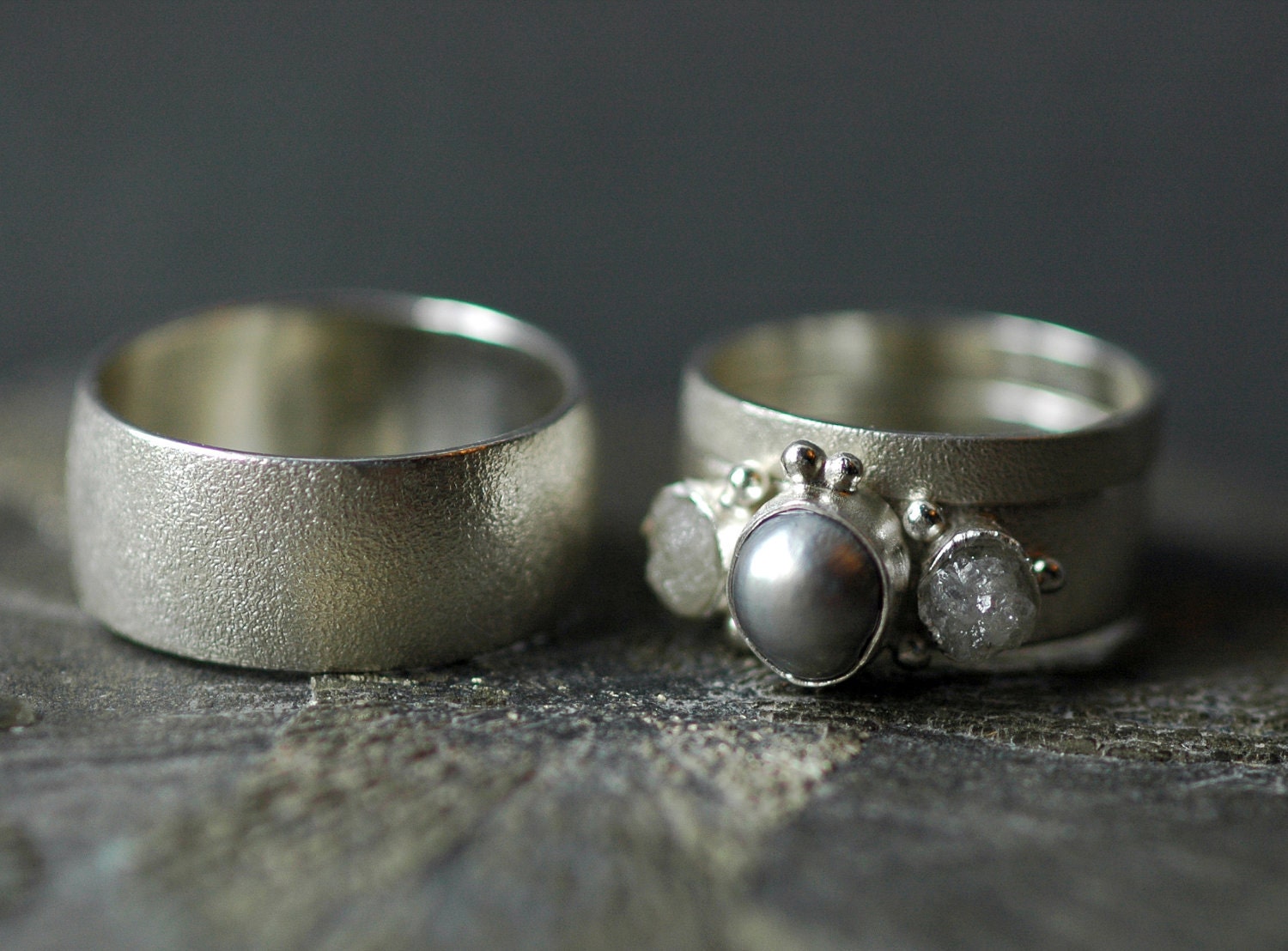 Three Rings Rough Diamond and Pearl Engagement Ring and Hisandhers 