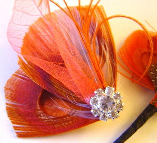 Sun kissed Orange Peacock Bridal Party Set Hair Clip and Boutonniere Wedding