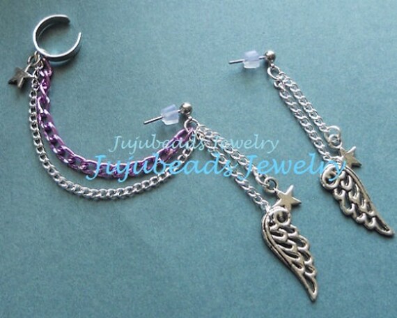READY to be SHIPPED Purple Silver Star and Angel Wings Ear Cuff Set