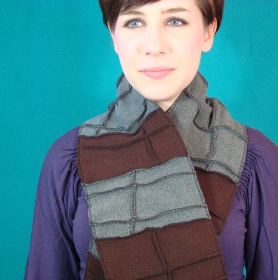 Gray and Brown Scarf, vegan, Recycled Fleece, black thread details, made by xmittens on etsy