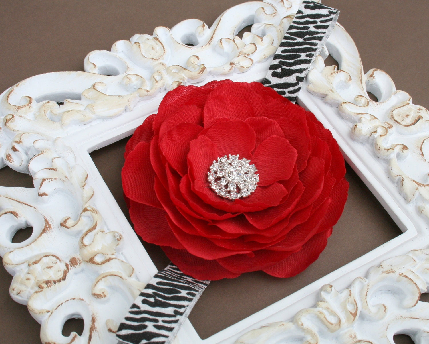 Baby Headband..Baby Girl Headband..Baby Girl Flower Headband..Red Flower on Zebra Print Headband with Rhinestones..Red and Zebra headband