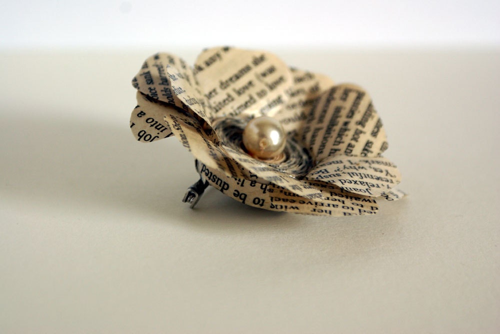 Flower brooch, rose brooch, recycled book, paper flower, pearl rosette