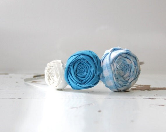 Rosette Headband Trio Gingham Blue. Turquoise. and white Rosette Fabric Flower Headband