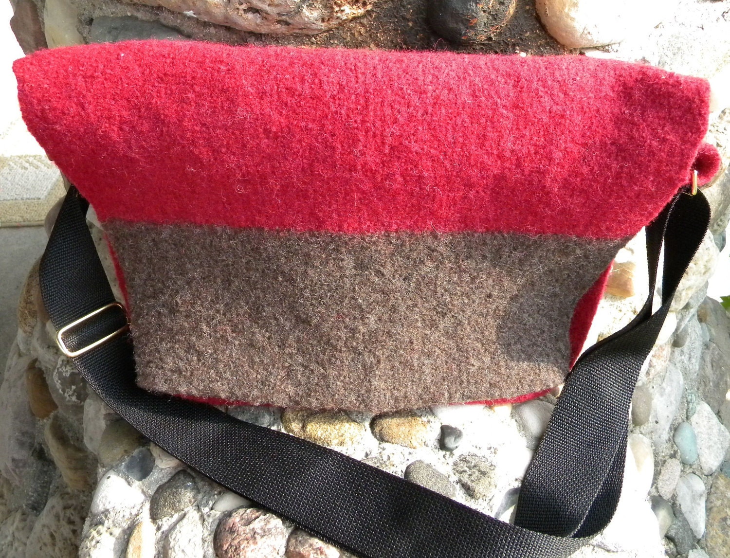 Rugged Felted Wool Messenger Bag or Laptop Tote, Red and Brown, Mans or Womans