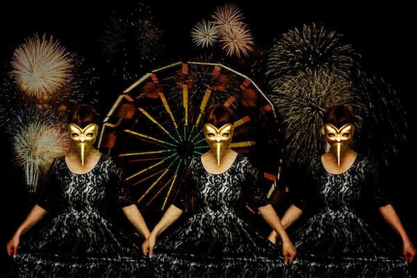 Fine art photo print, surreal gold venetian masked woman, carnival, fireworks, 8x12