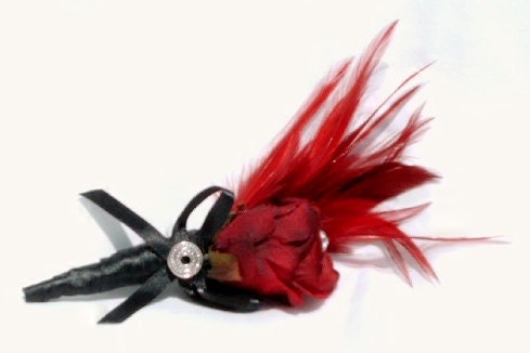 Groom 39s Wedding Boutonniere with a Red Silk Rose Red Feathers and Black 