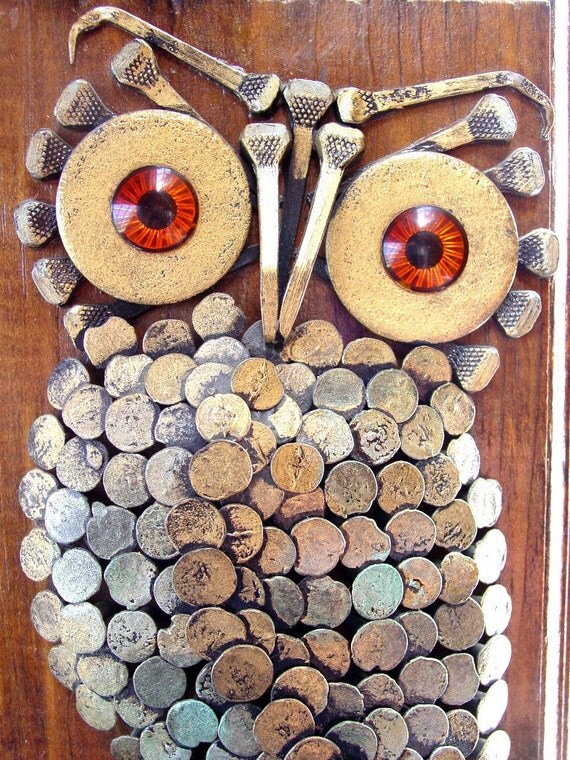 A Unique Retro Nail Art Owl Wall Hanging - Hand Made Vintage Home Decor