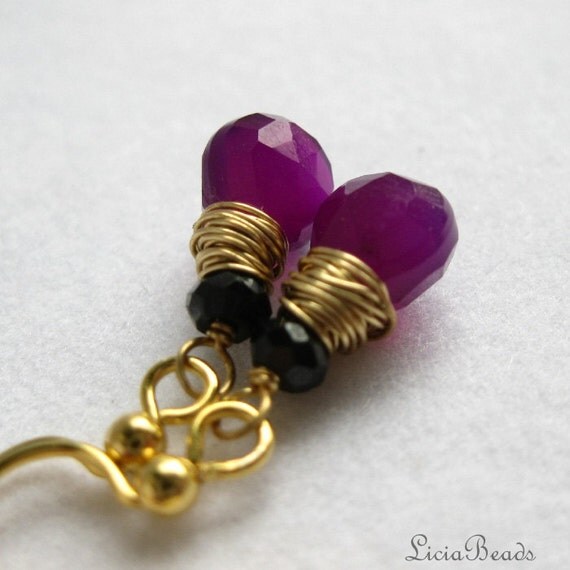 Wine Grapes - Chacledony briolettes and black spinel on plated gold metals