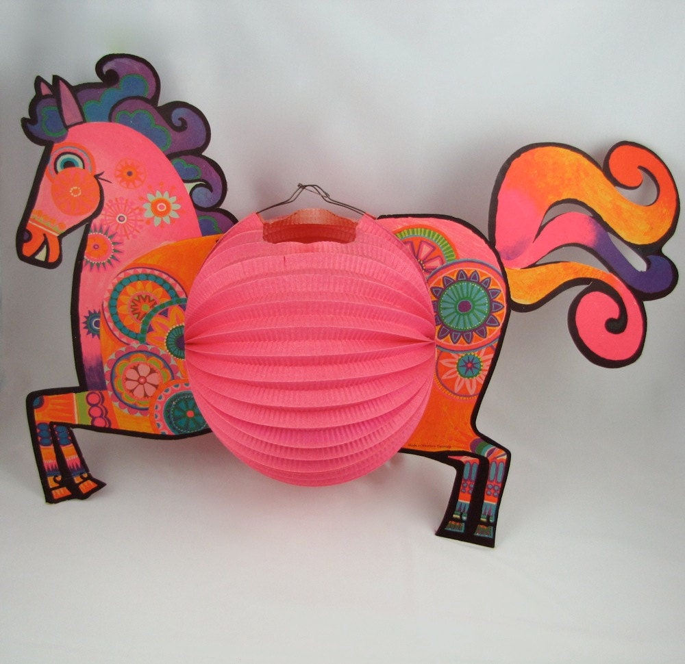 Horsing Around - Vintage Psychedelic Horse Paper Lantern, Made in Western Germany, Die Cut with Accordion Fold Center