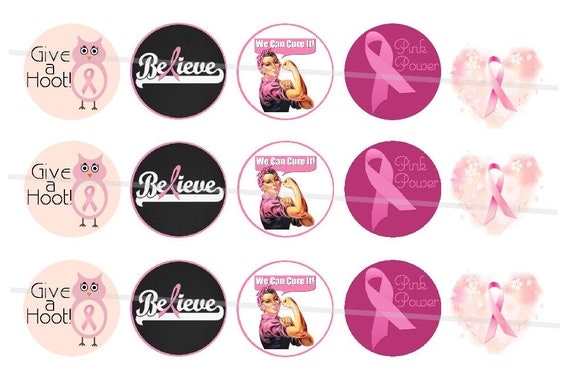 Breast cancer theme 4 x 6 digital collage sheet of 1 inch circles for Bottle Caps, Magnets and more