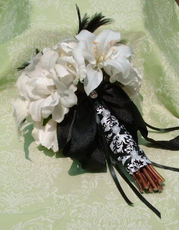 Bridal Bouquet White and Black Damask Wedding Bouquet with True Touch 