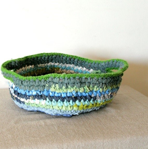 Upcycled fabric scraps deep blue and green crochet basket with two handles