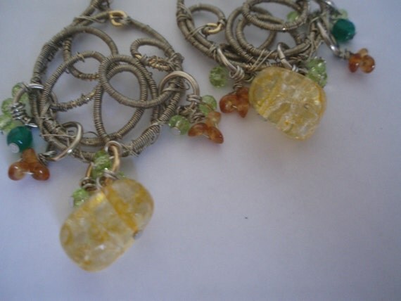 Wire wrapped chandelier earrings handmade yellow citrine and swarovski crystals