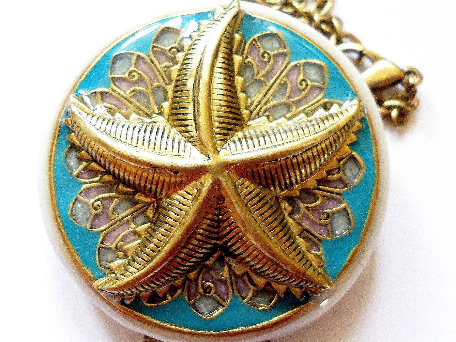 Large Turquoise Teal Blue Lavender Starfish Locket Beach Weddings