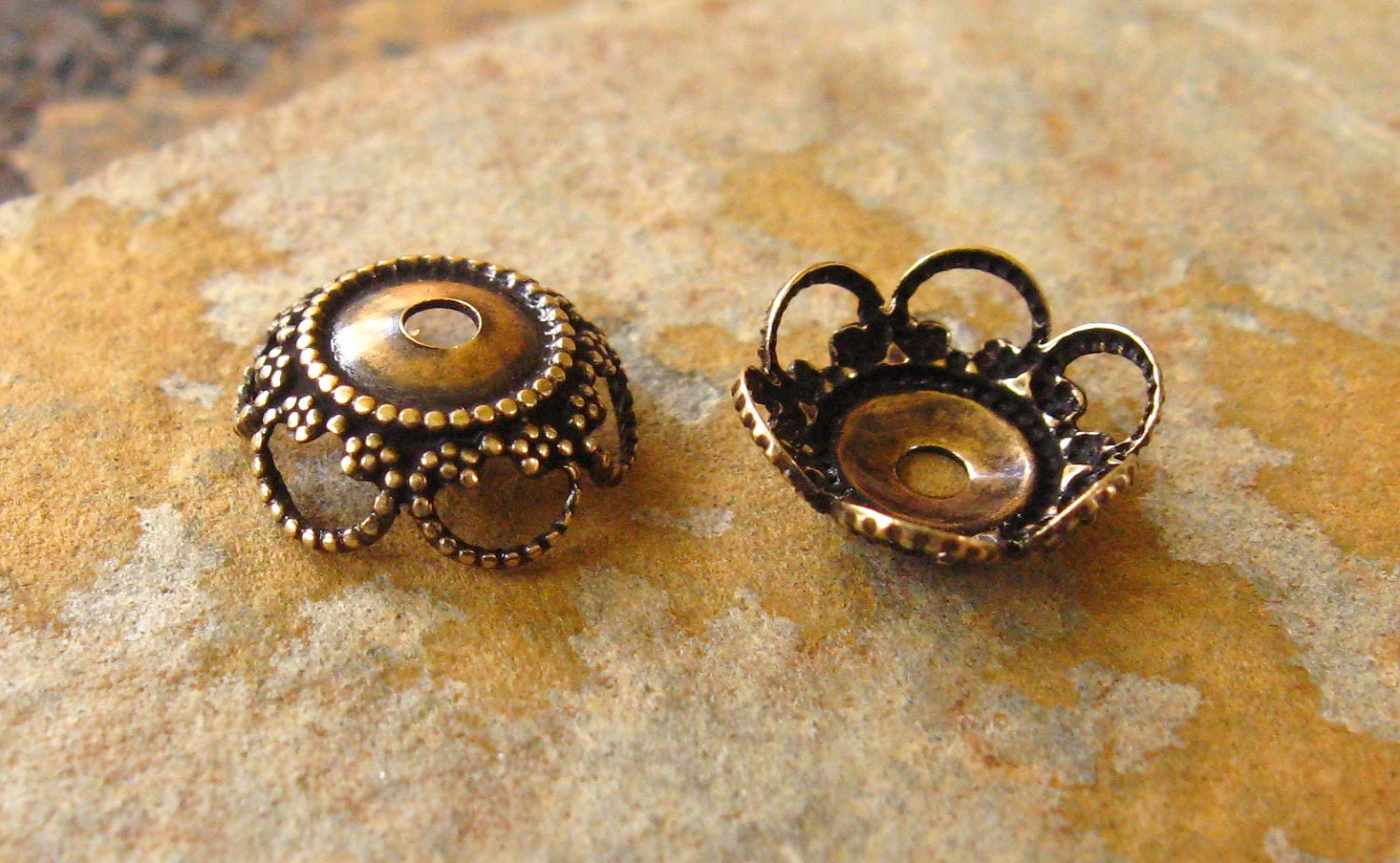 4 10mm Fancy Bead Caps Trinity Vintage Patina -  Trinity Brass